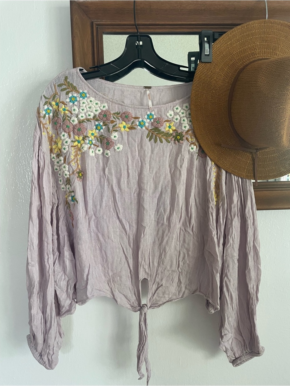 Free People Lavender Embroidered Tie-Front Blouse